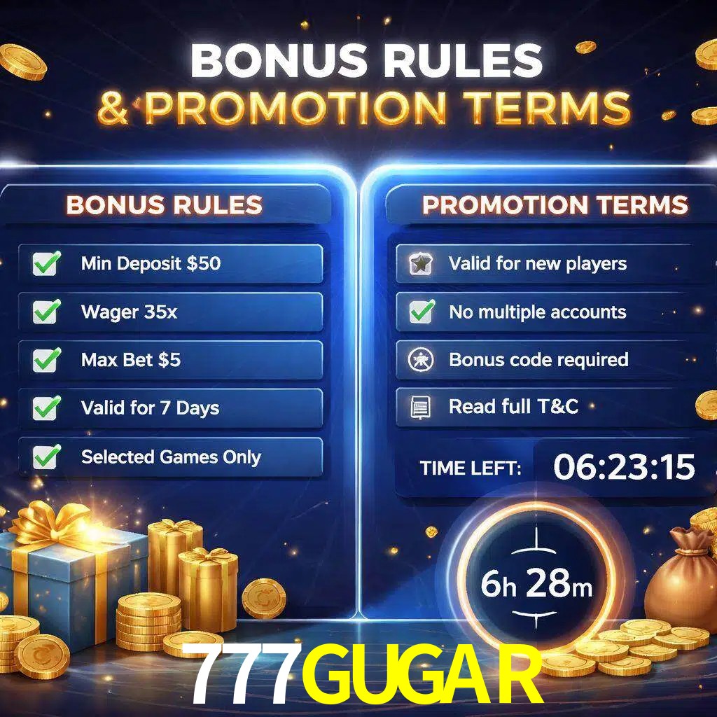 Reglas de promoción 777GUGAR y condiciones de bonos explicadas visualmente