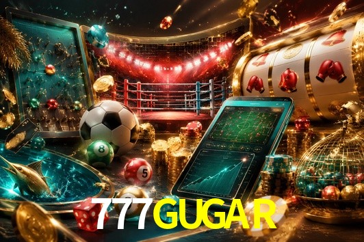 Una escena digital vívida inspirada en casino con 777GUGAR mostrado prominentemente, luces brillantes, fichas, cartas y acentos dorados.