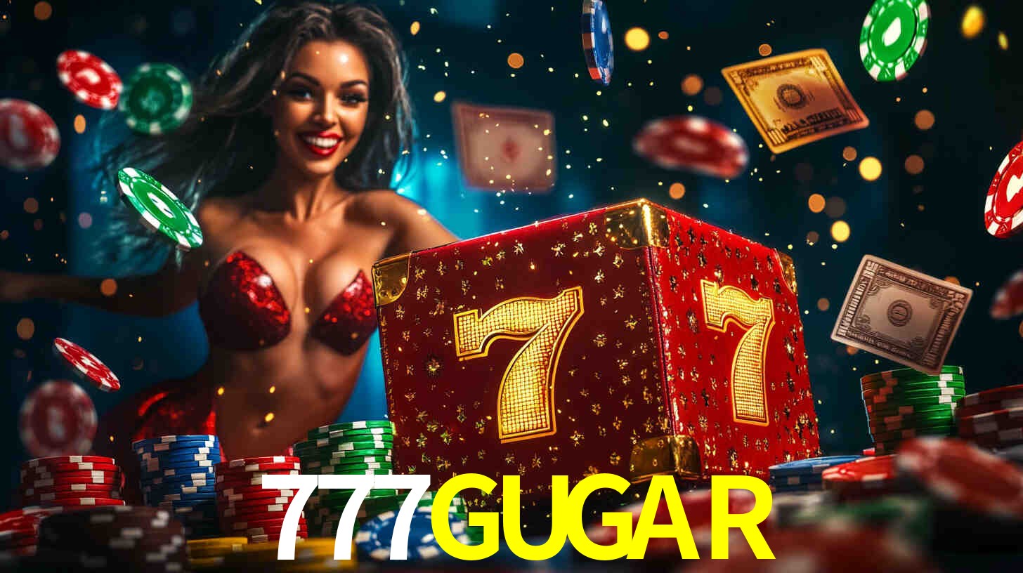 Escena dinámica inspirada en casino con iluminación 777GUGAR, cartas, fichas e íconos de juegos digitales en un espacio moderno de juegos.