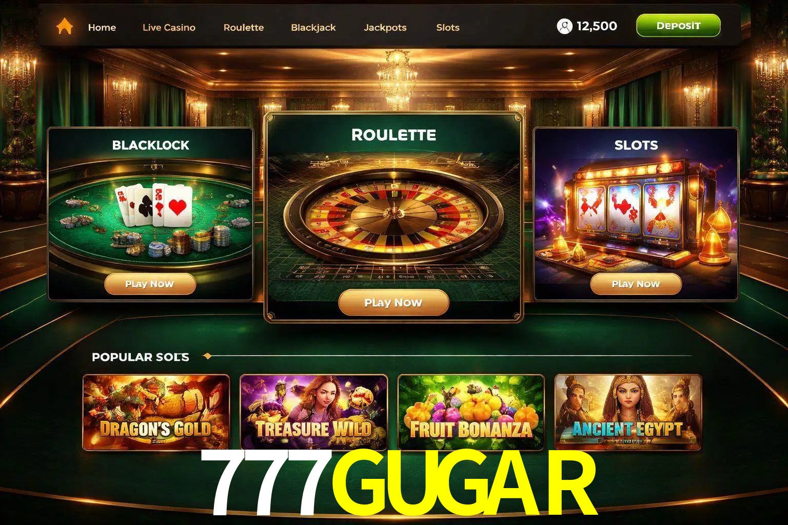 Vista de la plataforma 777GUGAR Casino mostrando categorías organizadas de juegos en línea