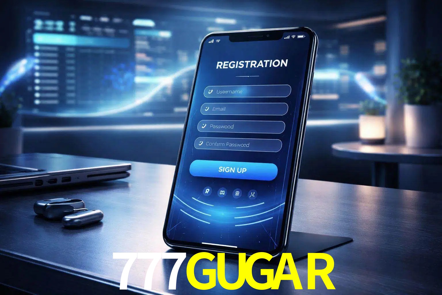 Una interfaz moderna de registro móvil para 777GUGAR mostrada en un smartphone con un panel de apuestas elegante.